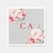 Serviette En Papier Flores rose gris mariage monogramme (Devant)