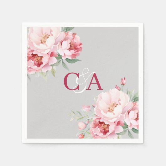 Serviette En Papier Flores rose gris mariage monogramme (Devant)