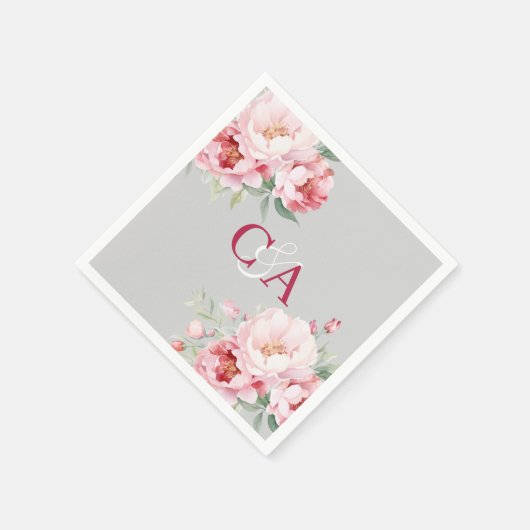 Serviette En Papier Flores rose gris mariage monogramme (Coin)