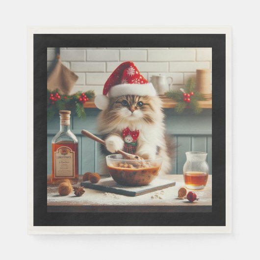 Serviette En Papier Fluffy cat baking boozy christmas pudding  (Devant)