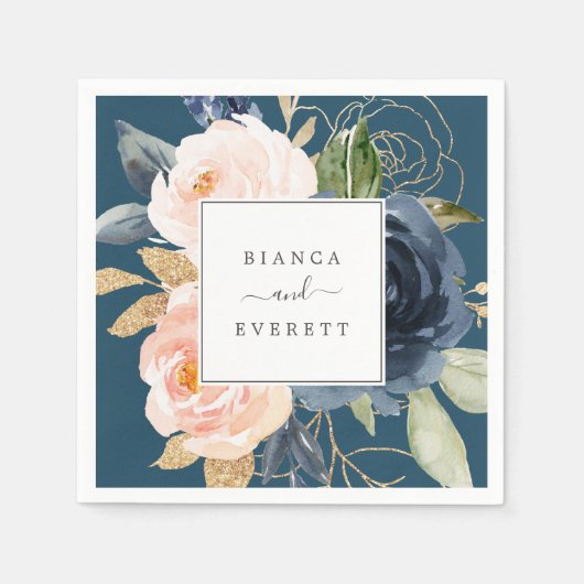 Serviette En Papier Flush et Navy Flowers | Mariage bleu (Devant)