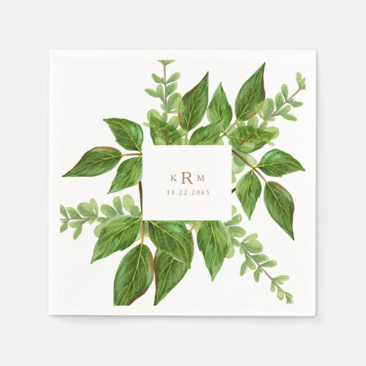 Serviette En Papier Foliage Feuille Gold Monogramme Mariage Cocktail (Devant)