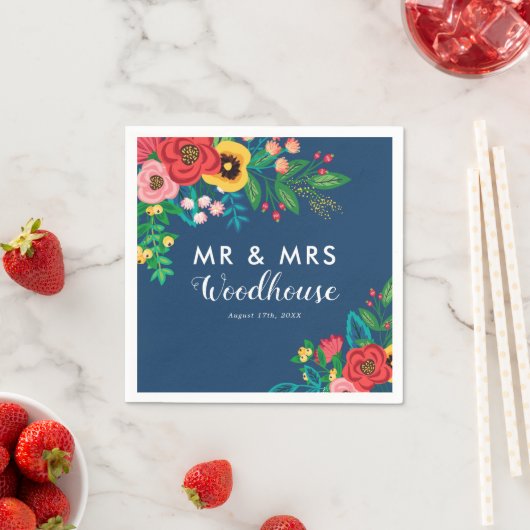 Serviette En Papier Folk Bouquet - Blue Boho Mr & Mrs Mariage (En situation)