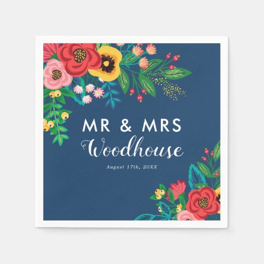 Serviette En Papier Folk Bouquet - Blue Boho Mr & Mrs Mariage (Devant)