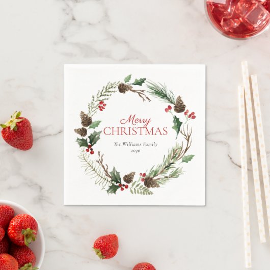 Serviette En Papier Forêt Berry Pinecone Wreath Joyeux Noël (En situation)