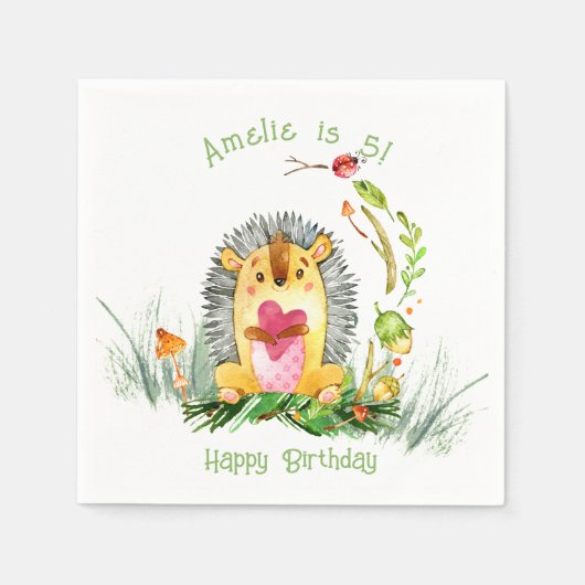 Serviette En Papier Forêt de bois Hérisson mignon Anniversaire (Devant)