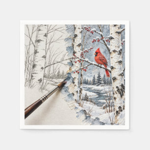 Serviette En Papier Forêt de bouleaux de Noël et peinture de cardinal