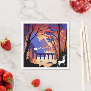 Serviette En Papier Forêt de Crépuscule Noël Santa Traîneau