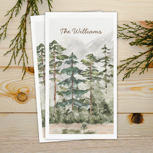 Serviette En Papier Forêt de pins verts sur une montagne à l'aquarelle