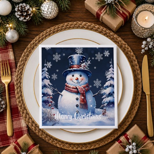 Serviette En Papier Forêt d'hiver Bonhomme de neige Noël | Bleu