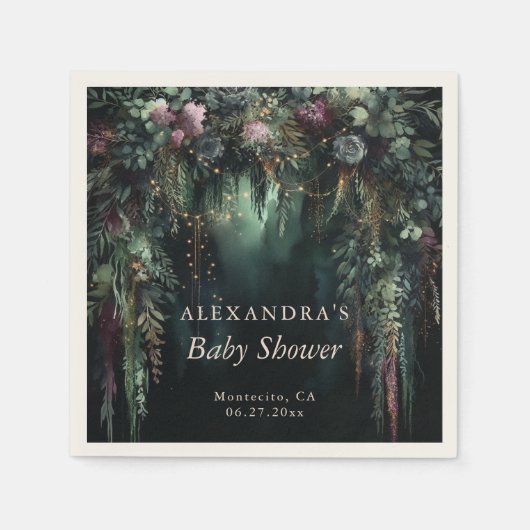 Serviette En Papier Forêt enchantée violet Rose Baby shower de bois (Devant)