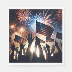 Serviette En Papier Foule avec drapeaux américains et feux d'artifice