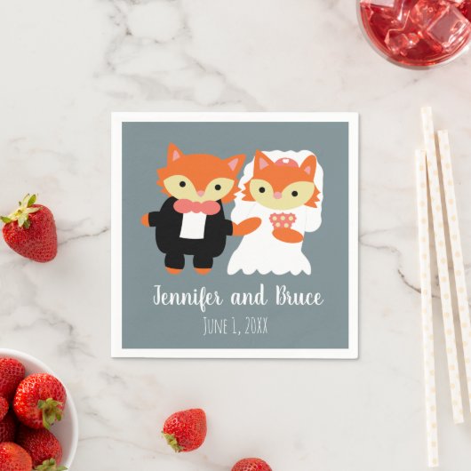 Serviette En Papier Fox Bride Groom Mariage Grey Cute Personnaliser (En situation)