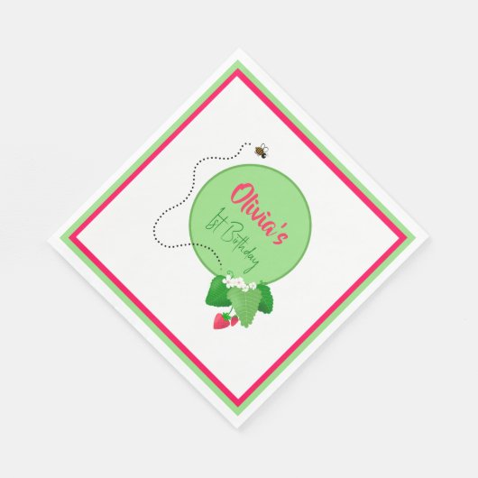 Serviette En Papier Fraise Bunch Vert & Rouge 1er anniversaire fille (Coin)