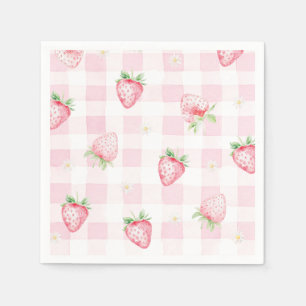Serviette En Papier Fraises Gingham Rose Anniversaire 1 an