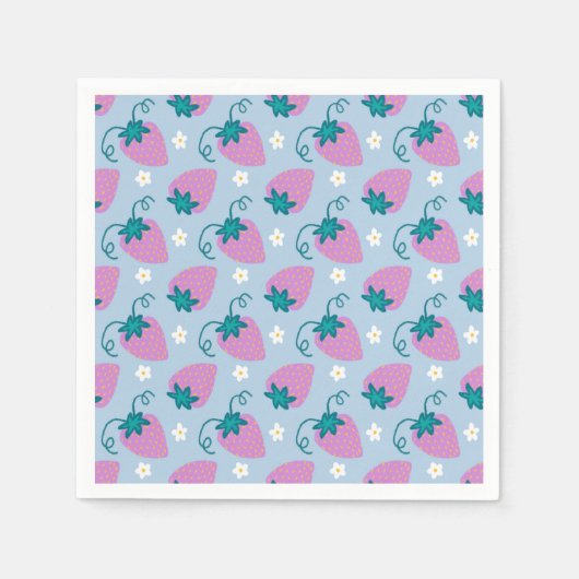 Serviette En Papier Fraises roses croquées sur serviettes bleues (Devant)