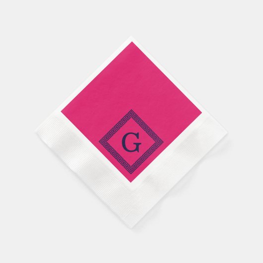 Serviette En Papier Framboise, Clé grecque bleue marine #1 Monogramme (Coin)