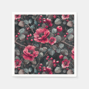 Serviette En Papier Framboise, fleurs bordeaux sur gris foncé