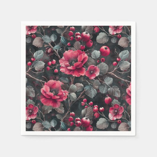 Serviette En Papier Framboise, fleurs bordeaux sur gris foncé (Devant)