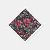 Serviette En Papier Framboise, fleurs bordeaux sur gris foncé (Coin)