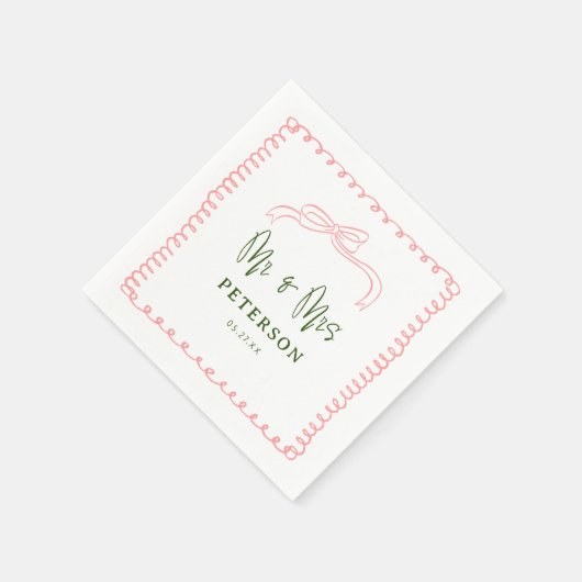 Serviette En Papier Français rose et vert M & Mme Mariage Monogram (Coin)