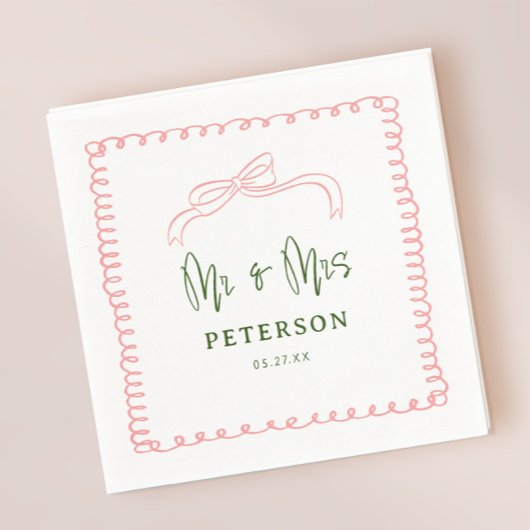 Serviette En Papier Français rose et vert M & Mme Mariage Monogram
