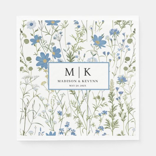 Serviette En Papier French Blue FloraL mariage cocktail Napkins (Devant)