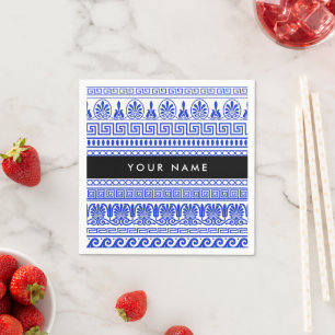 Serviette En Papier Fret grec, Clé de méandre mixte, Bleu, Votre Nom