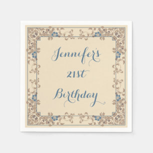 Serviette En Papier Frontière florale de nouveau crème et bleu d'art