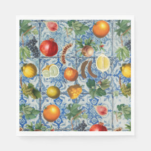 Serviette En Papier Fruit d'été méditerranéen & Mosaïque Bleue Blanc
