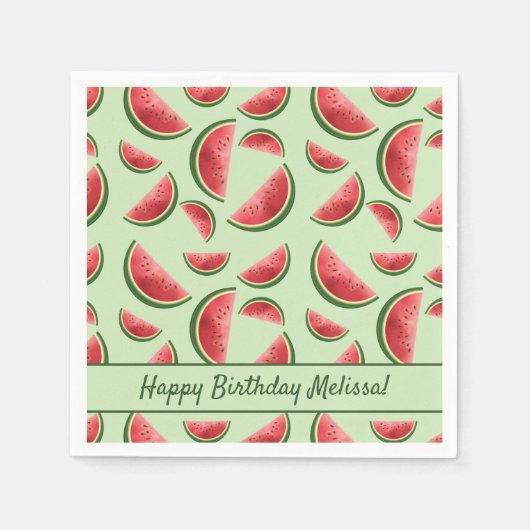 Serviette En Papier Fruits de pastèque Motif sur vert Joyeux anniversa (Devant)