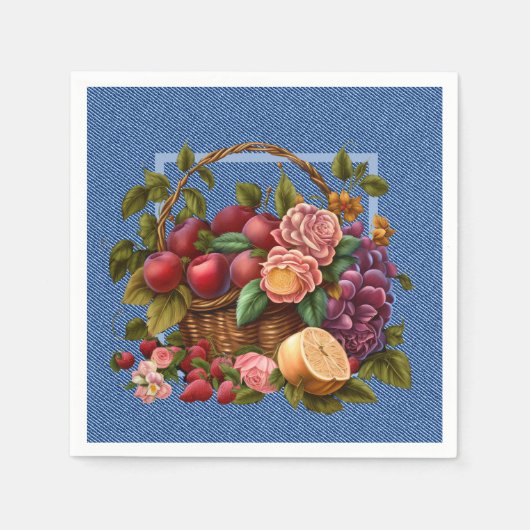 Serviette En Papier Fruits Et Fleurs De Denim Bleu (Devant)