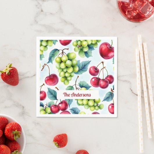 Serviette En Papier Fruits rouges verts Raisins Cerisier Motif (En situation)