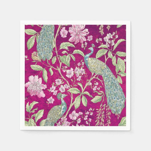 Serviette En Papier Fuchsia Chinoiserie paon floral (Devant)