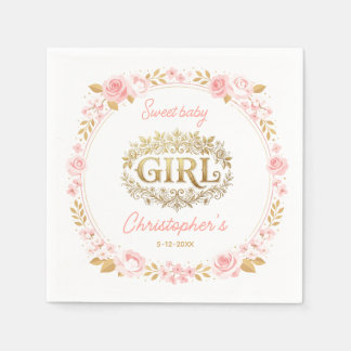 Serviette En Papier Fuchsia et Or Fleurie Baby Shower Fille
