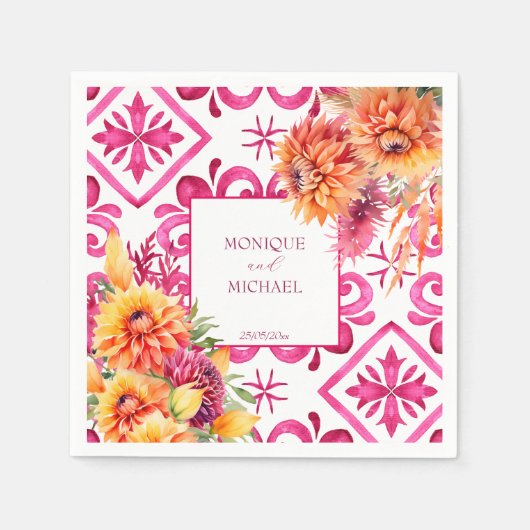 Serviette En Papier Fuchsia Majolica carreaux orange dahlia modèle (Devant)