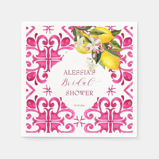 Serviette En Papier Fuchsia Majolica magenta tuiles douche nuptiale (Devant)