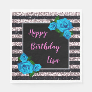 Serviette En Papier Fuchsia Rayures Noires Paillettes Roses Bleues Ann