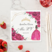 Serviette En Papier Fuchsia Rose Floral Princesse Gown Gold Quinceañer (En situation)