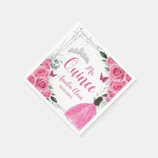 Serviette En Papier Fuchsia Rose Floral Princesse Silver Quinceañera 1 (Coin)