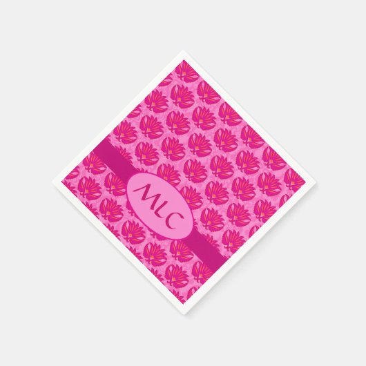 Serviette En Papier Fuchsia rose moderne Art nouveau Damas Monogramme (Coin)