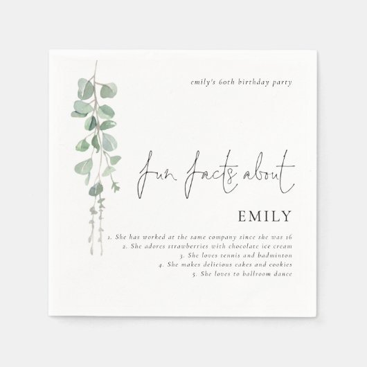 Serviette En Papier Fun Facts Eucalyptus Script 60e fête d'anniversair (Devant)