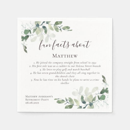 Serviette En Papier Fun Facts Eucalyptus Script Retraite Party (Devant)
