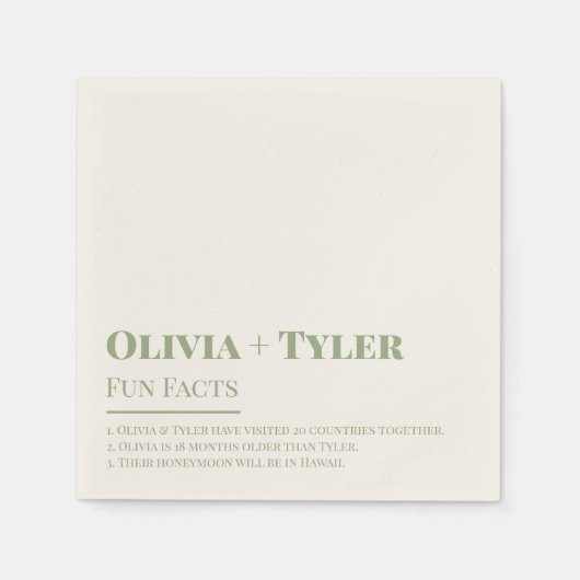 Serviette En Papier Fun Facts Moderne Mariage Réception Sage Vert (Devant)