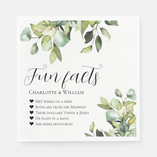 Serviette En Papier Fun Facts Newlyweets Green Botanical Mariage (Devant)