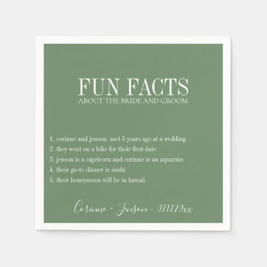 Serviette En Papier Fun Facts Sage Green Personnalisé (Devant)