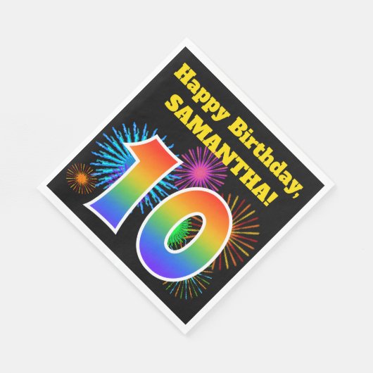 Serviette En Papier Fun Fireworks + Rainbow Motif "10" Anniversaire # (Coin)