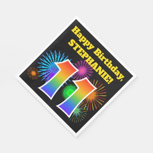 Serviette En Papier Fun Fireworks + Rainbow Motif "11" Anniversaire # (Coin)