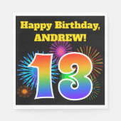 Serviette En Papier Fun Fireworks + Rainbow Motif "13" Anniversaire # (Devant)