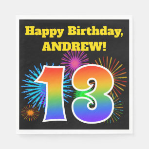 Serviette En Papier Fun Fireworks + Rainbow Motif "13" Anniversaire #